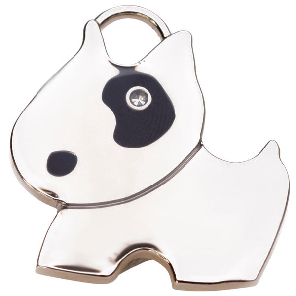 Hamish McBeth unique bull terrier designed pet id tag with a cute black nose and a real Czech crystal eye. Custom designed, durable, rustproof thick heavy duty metal with a thick protective coating. Split ring included. Available in gold or silver. Free laser engraving with a polished mirror finish. Size 3.8 x 3cm