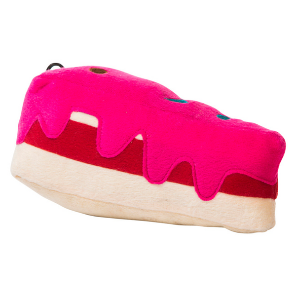 Hamish McBeth fun dog toy cake with pink icing - and not a calorie in sight! Perfect for celebrating a birthday plus there is a great sounding squeaker that will have them coming back to play for hours. Size: 18cm