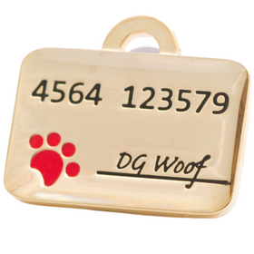 Hamish McBeth credit card pet ID tag with hand enamel detail including a cute red paw stamp. Customer designed durable tag. Rustproof, thick, heavy duty metal with thick protective coating. Free laser engraving with a polished mirror finish. Split ring included. Available in gold or silver. Size: 3 x 2cm