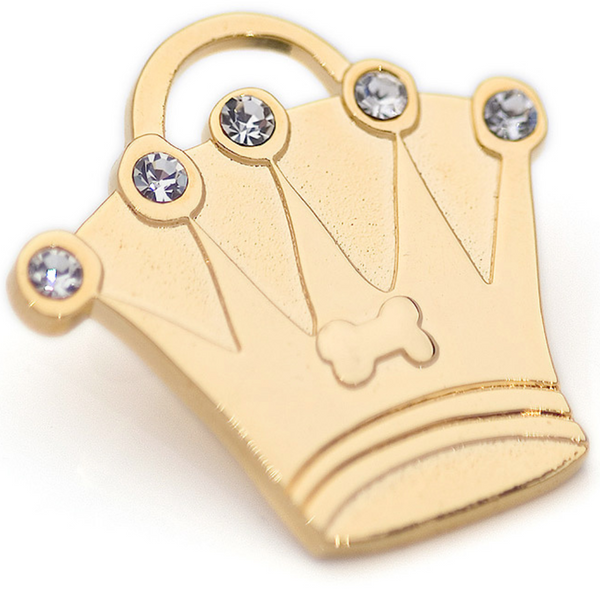 Hamish McBeth elegant crown pet ID tag with brilliant Czech crystals. Custom designed, durable, rustproof, thick, heavy duty metal with a protective coating. Free engraving with a polished mirror finish and split ring included. Available in gold or silver. Size: 3.5 x 3cm