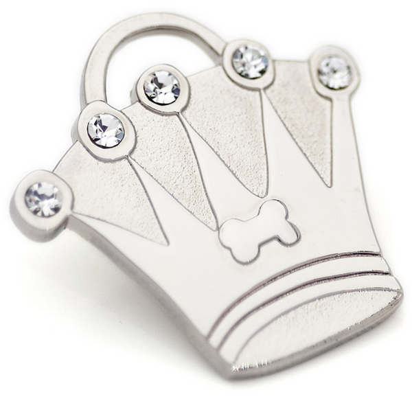 Hamish McBeth elegant crown pet ID tag with brilliant Czech crystals. Custom designed, durable, rustproof, thick, heavy duty metal with a protective coating. Free engraving with a polished mirror finish and split ring included. Available in gold or silver. Size: 3.5 x 3cm
