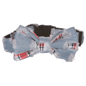 Hamish McBeth exclusive denim bowtie is an adjustable collar and includes a removable bow tie giving you the option to dress it up or down as mood suits you and your pup. Handmade from quality cotton fabric and strong yet soft webbing that provides best style and comfort.