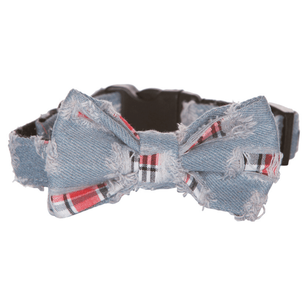 Hamish McBeth exclusive denim bowtie is an adjustable collar and includes a removable bow tie giving you the option to dress it up or down as mood suits you and your pup. Handmade from quality cotton fabric and strong yet soft webbing that provides best style and comfort.