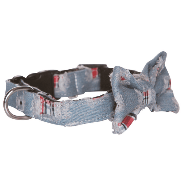 Hamish McBeth exclusive denim bowtie is an adjustable collar and includes a removable bow tie giving you the option to dress it up or down as mood suits you and your pup. Handmade from quality cotton fabric and strong yet soft webbing that provides best style and comfort.