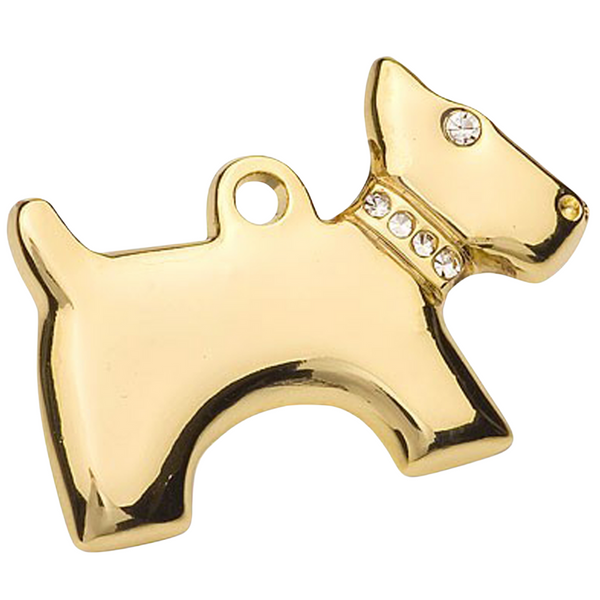 Hamish McBeth elegant dog style pet id tag with brilliant Czech crystals for eyes and collar. Custom designed, durable, rustproof, thick, heavy duty metal with protective coating. Free laser engraving with a polished mirror finish and includes split ring. Available in gold or silver. Size: 2.5 x 3cm
