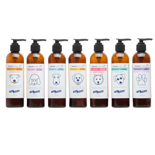 Natural dog shampoo and dog colognes are hard to find. Luckily our Hamish McBeth dog shampoo and dog cologne are natural and organic, with only natural ingredients, organic extracts and essential oils. They are all hypoallergenic and contain no soap, phosphates or parabens. And what's more, they smell fantastic.