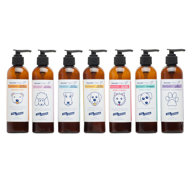 Natural dog shampoo and dog colognes are hard to find. Luckily our Hamish McBeth dog shampoo and dog cologne are natural and organic, with only natural ingredients, organic extracts and essential oils. They are all hypoallergenic and contain no soap, phosphates or parabens. And what's more, they smell fantastic.