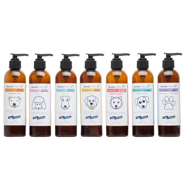 Natural dog shampoo and dog colognes are hard to find. Luckily our Hamish McBeth dog shampoo and dog cologne are natural and organic, with only natural ingredients, organic extracts and essential oils. They are all hypoallergenic and contain no soap, phosphates or parabens. And what's more, they smell fantastic.