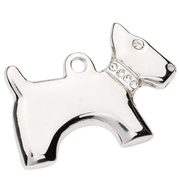 Hamish McBeth elegant dog style pet id tag with brilliant Czech crystals for eyes and collar. Custom designed, durable, rustproof, thick, heavy duty metal with protective coating. Free laser engraving with a polished mirror finish and includes split ring. Available in gold or silver. Size: 2.5 x 3cm