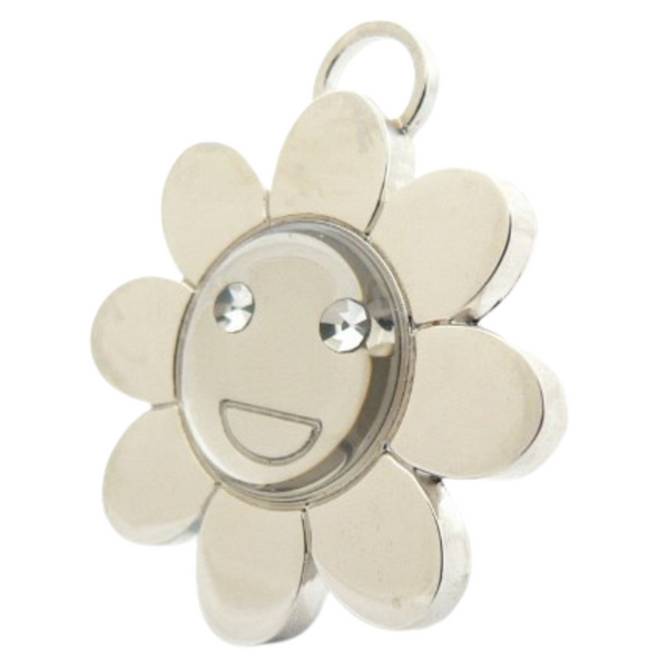 Hamish McBeth flower pet ID tag with Czech crystals for eyes. Unique design, rustproof, thick, heavy duty metal, with a protective coating. Free laser engraving with a polished mirror finish and split ring included. Available in gold or silver. Size: 3 x 3cm