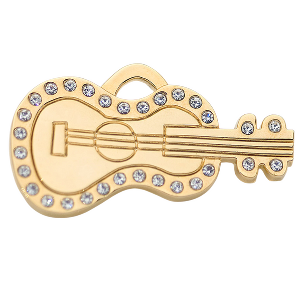 Hamish McBeth stunning guitar design pet ID tag with decadent Czech crystals. Unique design, rustproof, thick, heavy duty metal with protective coating. Free laser engraving with a polished mirror finish. Perfect for humans and pets alike. Available in gold or silver. Size: 2 x 4.8cm