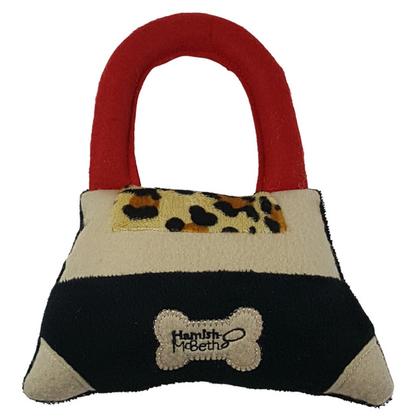 Hamish McBeth classy handbag in black, red and leopard print soft dog toy plus a great sounding squeaker will have them coming back to play for hours. Size: 19cm long