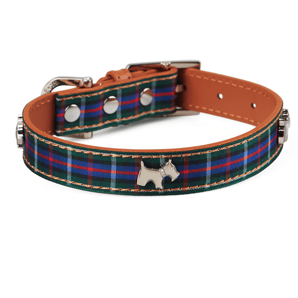 Hamish McBeth stylish blue tartan leather dog collar for the Scottish or Westie pooch around town.  A tartan ribbon overlay is sewn onto soft leather to create a comfortable fitting tartan dog collar.  The top grain leather is vegetable dyed to protect your dog from any chemicals.  Scottie dog studs in silver with real Czech crystals are added for extra style.
