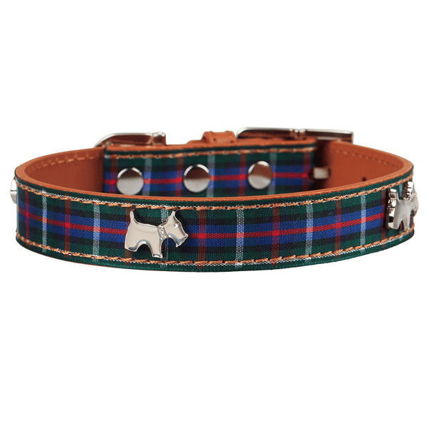 Hamish McBeth stylish blue tartan top grain leather dog collar with a tartan ribbon overlay. Scottie dog studs in silver with Czech crystals are added for extra style. Matching lead available.