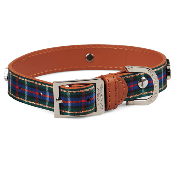Hamish McBeth stylish blue tartan top grain leather dog collar with a tartan ribbon overlay. Scottie dog studs in silver with Czech crystals are added for extra style. Matching lead available.