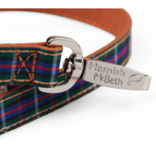 Hamish McBeth matching Highland Blue dog leash for the dog who loves all things Scottish. It's the perfect match for our Highland Blue collars with its soft leather and blue ribbon overlay.