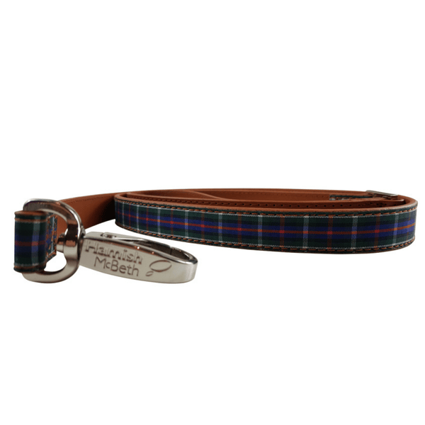 Hamish McBeth matching Highland Blue dog leash for the dog who loves all things Scottish. It's the perfect match for our Highland Blue collars with its soft leather and blue ribbon overlay.
