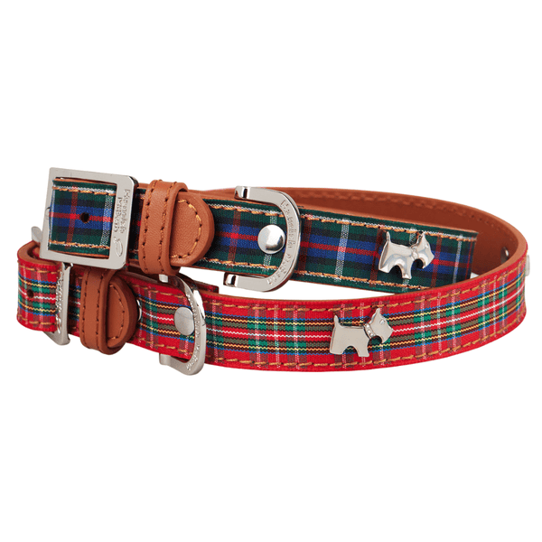 Hamish McBeth stylish red and blue tartan top grain leather dog collar with a tartan ribbon overlay. Scottie dog studs in silver with Czech crystals are added for extra style. Matching lead available.