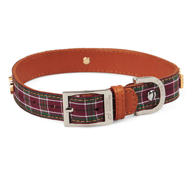 Hamish McBeth stylish purple tartan top grain leather dog collar with a tartan ribbon overlay. Scottie dog studs in gold with Czech crystals are added for extra style. Matching lead available.