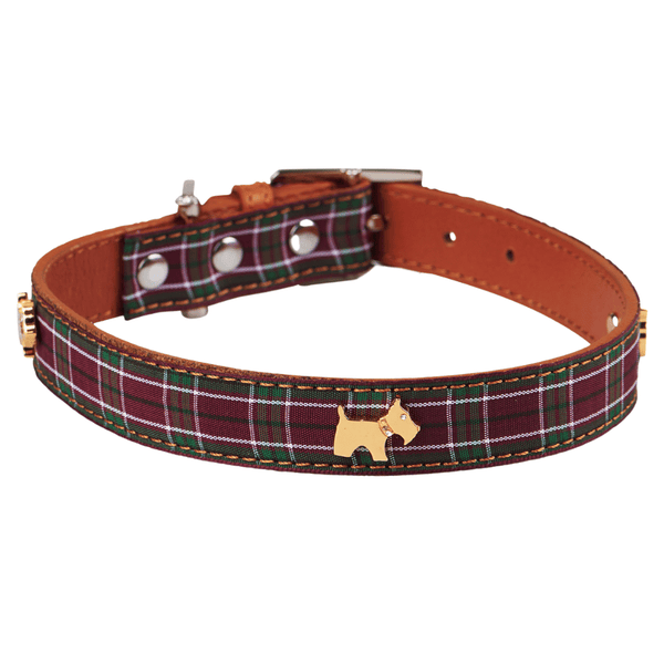 Hamish McBeth stylish purple tartan leather dog collar for the Scottish or Westie pooch around town.  A tartan ribbon overlay is sewn onto soft leather to create a comfortable fitting tartan dog collar.  The top grain leather is vegetable dyed to protect your dog from any chemicals.  Scottie dog studs in gold with real Czech crystals are added for extra style.