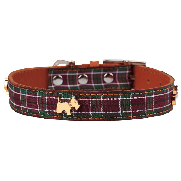 Hamish McBeth stylish purple tartan top grain leather dog collar with a tartan ribbon overlay. Scottie dog studs in gold with Czech crystals are added for extra style. Matching lead available.