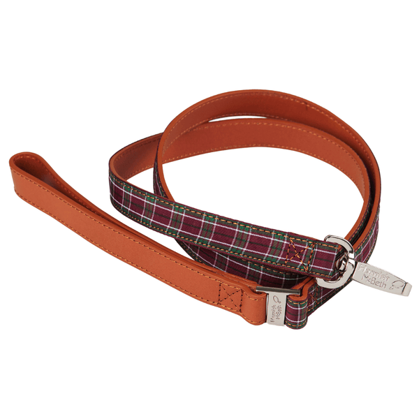 Hamish McBeth stylish purple tartan dog lead for the Scottish pooch around town. Fine quality leather lead with tartan overlay for a perfect match with our Highland Purple collars.
