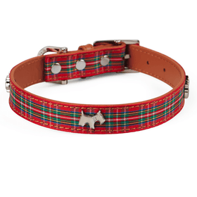 Hamish McBeth stylish red tartan top grain leather dog collar with a tartan ribbon overlay. Scottie dog studs in silver with Czech crystals are added for extra style. Matching lead available.