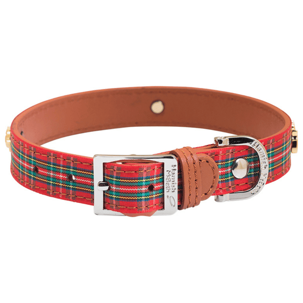 Hamish McBeth stylish red tartan top grain leather dog collar with a tartan ribbon overlay. Scottie dog studs in silver with Czech crystals are added for extra style. Matching lead available.