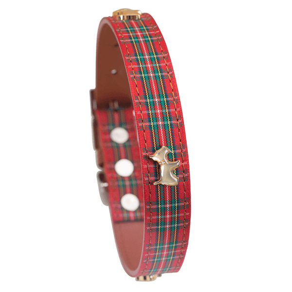 Hamish McBeth stylish red tartan top grain leather dog collar with a tartan ribbon overlay. Scottie dog studs in silver with Czech crystals are added for extra style. Matching lead available.