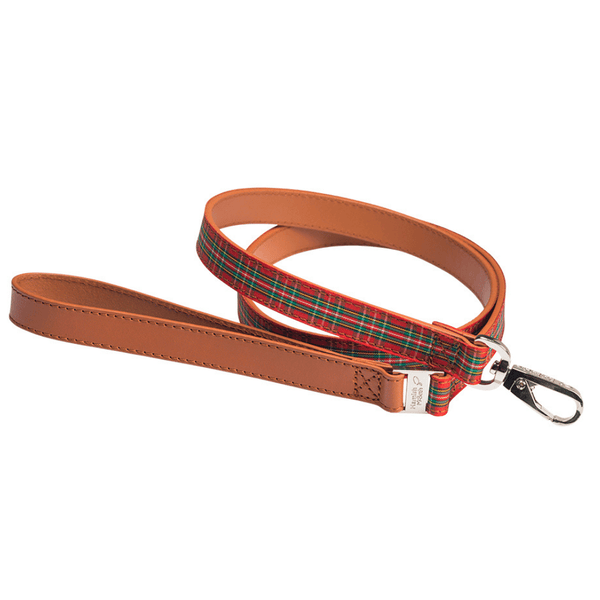 Hamish McBeth stylish red tartan top grain leather dog lead with a tartan ribbon overlay. It's the perfect match for our Highland Red collars.