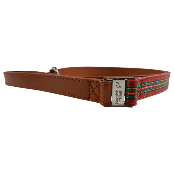 Hamish McBeth matching Highland Red dog leash for the dog who loves all things Scottish. It's the perfect match for our Highland Red collars with its soft leather and red ribbon overlay.