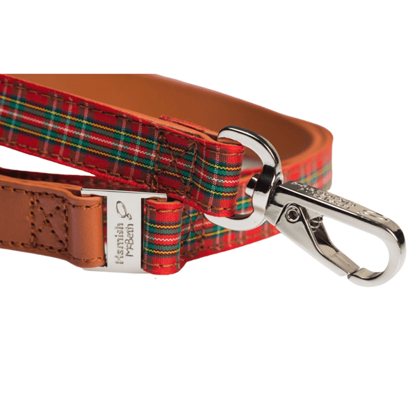 Hamish McBeth matching Highland Red dog leash for the dog who loves all things Scottish. It's the perfect match for our Highland Red collars with its soft leather and red ribbon overlay.