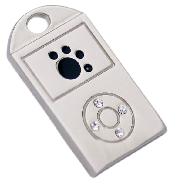 Hamish McBeth iPaw pet ID tag with brilliant Czech crystals and a painted black paw print. Rustproof, thick heavy duty metal with protective coating. Free engraving with a polished mirror finish and split ring included. Available in gold or silver. Size: 2.5 x 3cm