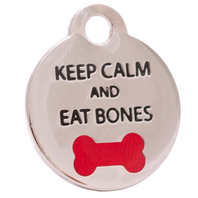 Hamish McBeth Keep Calm and Eat Bones pet ID tag with painted red bone. Rustproof, thick, heavy duty metal, with protective coating. Free laser engraving with a polished mirror finish and split ring included. Available in gold or silver. Size: 2.5 x 2.5cm
