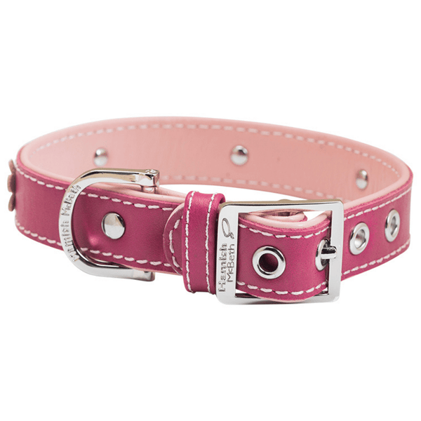 Hamish McBeth Pink leather dog collar decorated with delicate flowers with white stitching. Matching lead available.