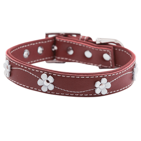 Hamish McBeth Red leather dog collar decorated with delicate flowers with white stitching. Matching lead available.