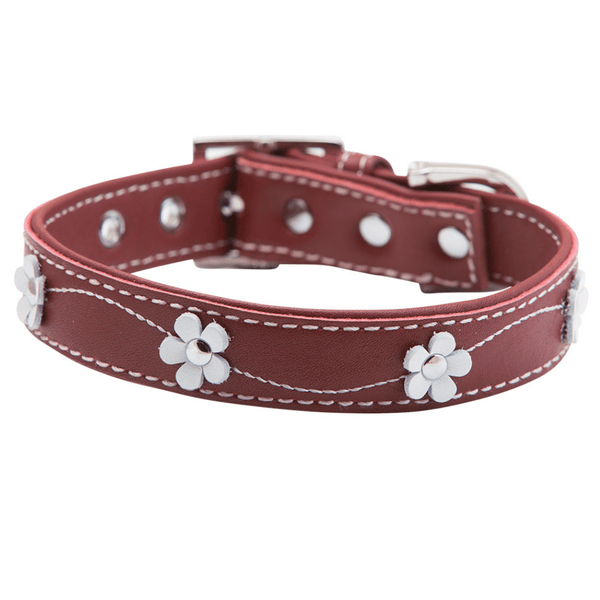 Hamish McBeth Red leather dog collar decorated with delicate flowers with white stitching. Matching lead available.