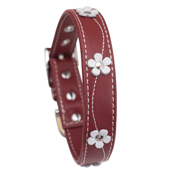Hamish McBeth Red leather dog collar decorated with delicate flowers with white stitching. Matching lead available.