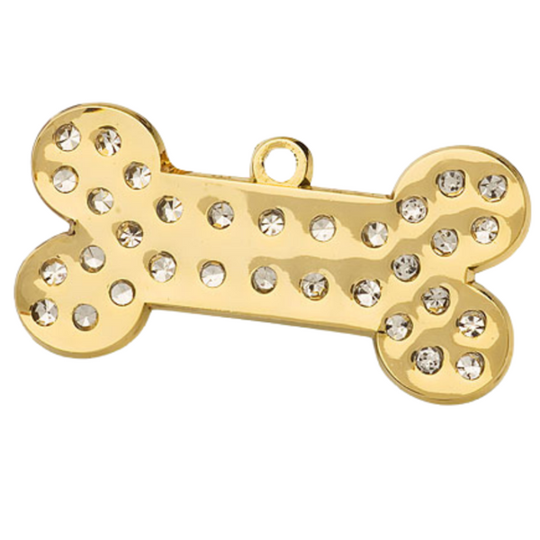 Hamish McBeth small bling bone pet ID tag with brilliant Czech crystals. Custom designed, durable, rustproof, thick, heavy duty metal. Free laser engraving with a polished mirror finish with split ring included. Available in gold or silver. Size: 2.7 x 1.9cm