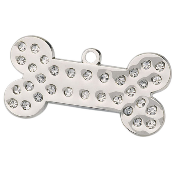 Hamish McBeth small bling bone pet ID tag with brilliant Czech crystals. Custom designed, durable, rustproof, thick, heavy duty metal. Free laser engraving with a polished mirror finish with split ring included. Available in gold or silver. Size: 2.7 x 1.9cm