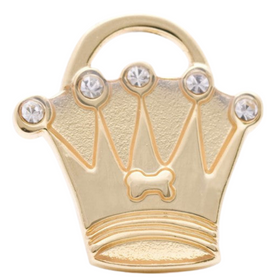 Hamish McBeth crown pet ID tag decorated with real Czech crystals for both cats and dogs. Unique, durable, rustproof, heavy duty metal with protective coating. Free engraving with a polished mirror finish and split ring included. Available in gold or silver. Size: 2.6 x 2.7cm