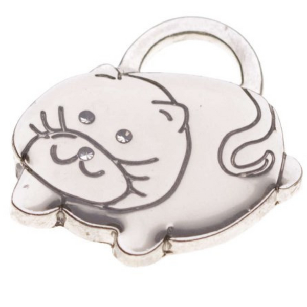 Hamish McBeth cute cat pet ID tag decorated with Czech crystals eyes. Custom designed, durable, rustproof, heavy duty metal with protective coating. Free engraving with a polished mirror finish and split ring included. Available in gold or silver. Size: 2.3 x 1.5cm