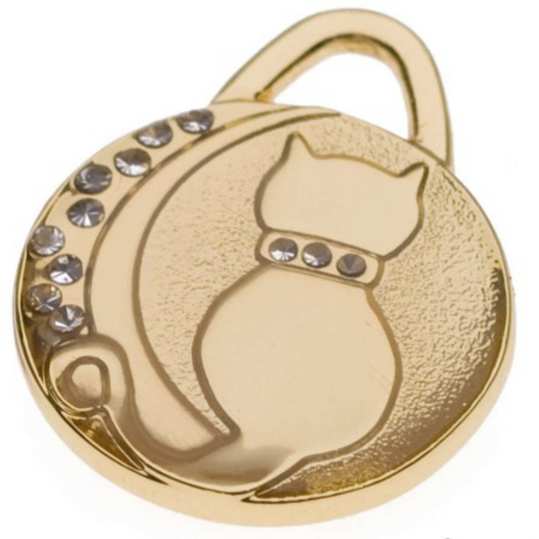 Hamish McBeth cute cat pet ID tag decorated with Czech crystals. Custom designed, durable, rustproof, heavy duty metal with protective coating. Free engraving with a polished mirror finish and split ring included. Available in gold or silver. Size: 2.1 x 2.11cm
