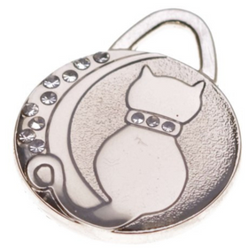 Hamish McBeth cute cat pet ID tag decorated with Czech crystals. Custom designed, durable, rustproof, heavy duty metal with protective coating. Free engraving with a polished mirror finish and split ring included. Available in gold or silver. Size: 2.1 x 2.11cm