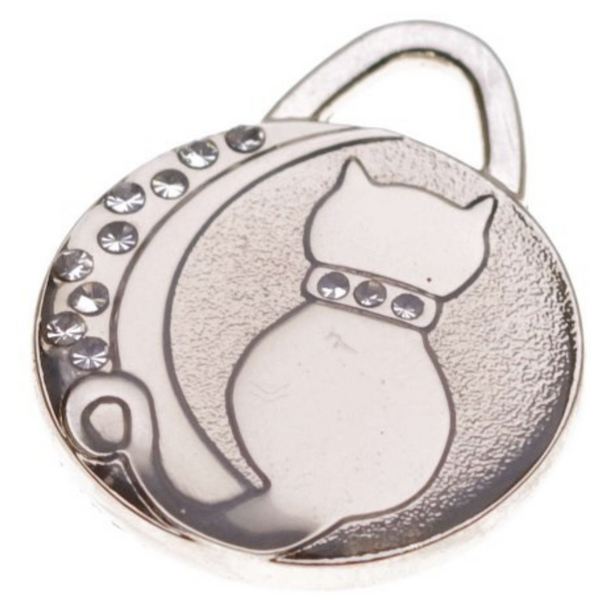 Hamish McBeth cute cat pet ID tag decorated with Czech crystals. Custom designed, durable, rustproof, heavy duty metal with protective coating. Free engraving with a polished mirror finish and split ring included. Available in gold or silver. Size: 2.1 x 2.11cm