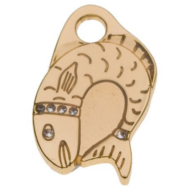 Hamish McBeth cute cat pet ID tag decorated with Czech crystal eyes. Custom designed, durable, rustproof, heavy duty metal with a protective coating. Free engraving with a polished mirror finish and split ring included. Available in gold or silver. Size: 1.7 x 2.5cm