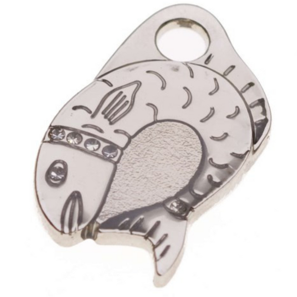 Hamish McBeth cute cat pet ID tag decorated with Czech crystal eyes. Custom designed, durable, rustproof, heavy duty metal with a protective coating. Free engraving with a polished mirror finish and split ring included. Available in gold or silver. Size: 1.7 x 2.5cm