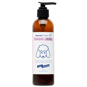 Hamish McBeth All Natural Oodles & Curly coat dog shampoo with vitamins and oils for cleaning and maintaining curly coats and a vanilla extract fragrance. Concentrated formula, contains conditioning agent, soap free, natural plant extracts, free of phosphates, parabens, sulphate and enzymes. 250mL