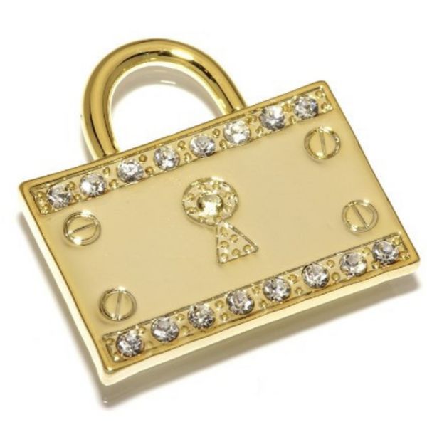 Hamish McBeth padlock pet ID tag with brilliant Czech crystals. Custom designed, durable, rustproof, heavy duty metal with protective coating. Free engraving with polished mirror finish and split ring included. Available in gold or silver. Size: 3 x 2.5cm