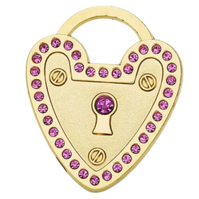 Hamish McBeth Padlock Heart Pet ID Tag with brilliant Czech crystals. Custom designed, durable, heavy duty metal with protective coating. Free engraving with a polished mirror finish and a split ring included. Available in gold or silver. Size: 3.5 x 3cm